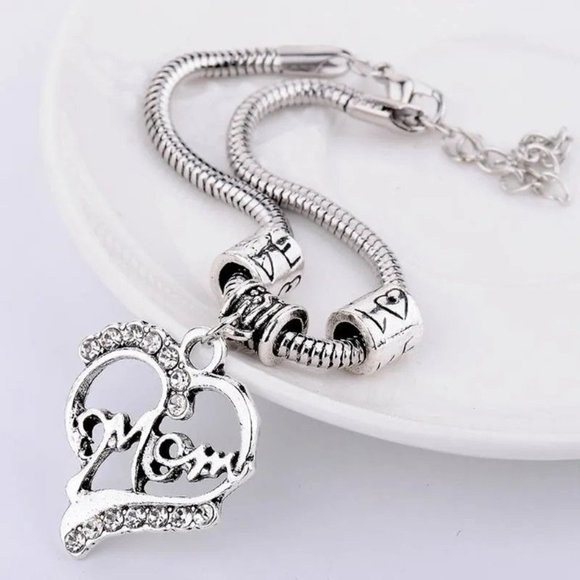 NEW Silver "Mother" Open Heart Bracelet Rhinestones - Picture 1 of 5